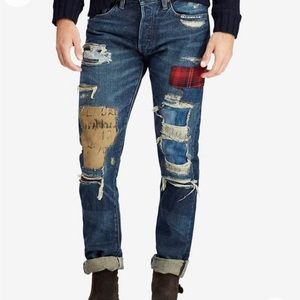 Ralph Lauren Men's Rare Jeans 
Distressed Blue Sullivan Patchwork Slim 33x32